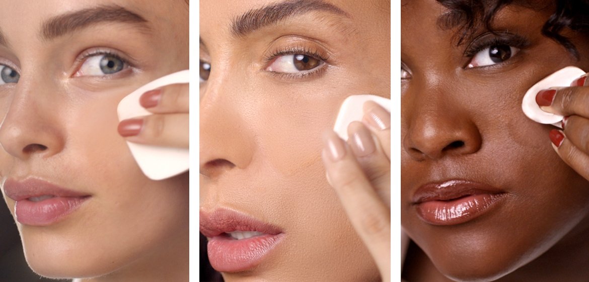 Collage von drei Frauen, die Make-Up auf der Wange verteilen